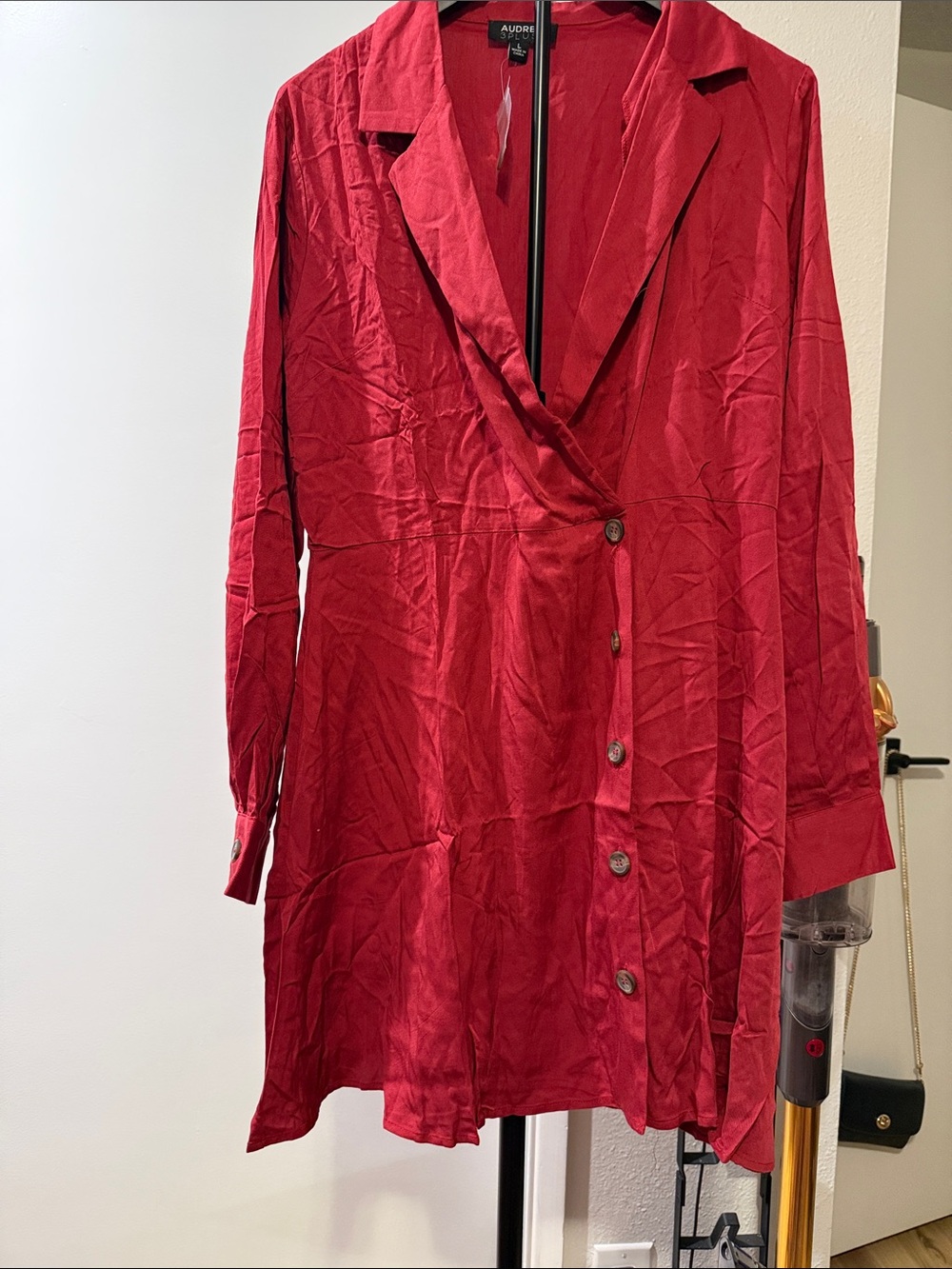 Audrey 3+1 dark Red Long Sleeve wrap Button-Front mini Dress size L NWOT